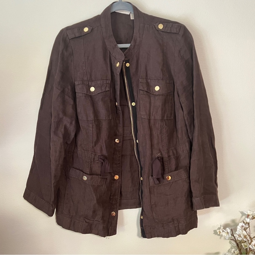 Chico’s Chocolate brown 100% linen breathable lightweight jacket size 1
